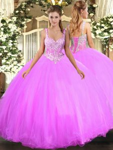 Exquisite Tulle Straps Sleeveless Lace Up Beading Sweet 16 Dresses in Lilac