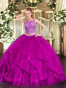 Scoop Sleeveless Ball Gown Prom Dress Floor Length Beading and Ruffles Fuchsia Organza
