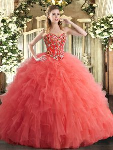 Stunning Sweetheart Sleeveless Vestidos de Quinceanera Floor Length Embroidery and Ruffles Watermelon Red Tulle