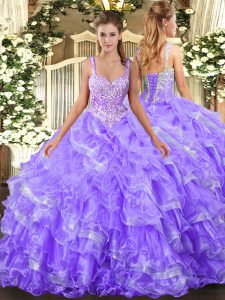 Fabulous Sleeveless Organza Floor Length Lace Up Quinceanera Gown in Lavender with Beading and Ruffled Layers
