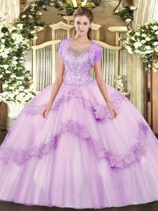 Wonderful Lilac Ball Gowns Scoop Sleeveless Tulle Floor Length Clasp Handle Beading and Appliques 15 Quinceanera Dress