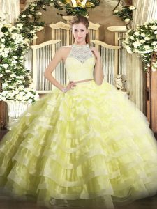 Scoop Sleeveless Ball Gown Prom Dress Floor Length Lace and Ruffled Layers Yellow Tulle