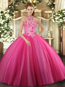 Hot Pink Halter Top Neckline Embroidery Sweet 16 Quinceanera Dress Sleeveless Lace Up