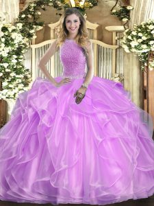 Fitting High-neck Sleeveless Organza 15 Quinceanera Dress Beading and Ruffles Lace Up