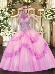 Graceful Rose Pink Ball Gowns Beading and Appliques Quinceanera Gowns Lace Up Tulle Sleeveless Floor Length