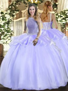 Captivating Lavender Lace Up Sweet 16 Dress Beading Sleeveless Floor Length