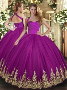 Excellent Ball Gowns Sweet 16 Dress Fuchsia Halter Top Tulle Sleeveless Floor Length Lace Up