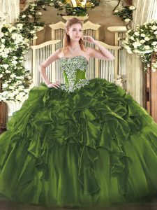 Wonderful Floor Length Lace Up Quinceanera Dress Olive Green for Military Ball and Sweet 16 and Quinceanera with Beading and Ruffles