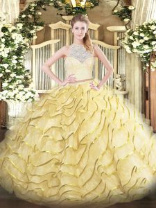 Sleeveless Brush Train Lace and Ruffles Zipper Quinceanera Gowns