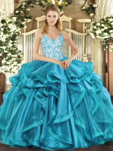 Teal Ball Gowns Organza Straps Sleeveless Beading and Appliques and Ruffles Floor Length Lace Up Ball Gown Prom Dress