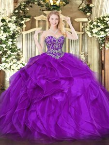 Fancy Eggplant Purple Sweet 16 Dress Military Ball and Sweet 16 and Quinceanera with Beading and Ruffles Sweetheart Sleeveless Lace Up
