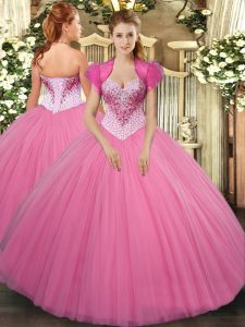 High End Beading 15th Birthday Dress Rose Pink Lace Up Sleeveless Floor Length