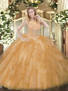 Flirting Floor Length Zipper 15th Birthday Dress Gold for Military Ball and Sweet 16 and Quinceanera with Beading and Ruffles