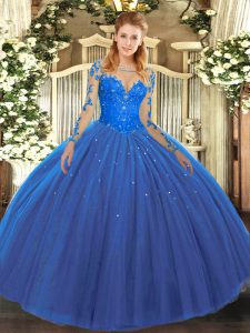 Blue Long Sleeves Floor Length Lace Lace Up Sweet 16 Dress