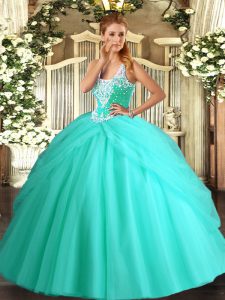 Traditional Apple Green Ball Gowns Tulle Straps Sleeveless Beading and Pick Ups Floor Length Lace Up Sweet 16 Quinceanera Dress