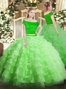 Popular Floor Length Sweet 16 Dress Tulle Short Sleeves Appliques and Ruffled Layers