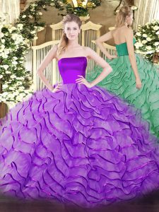 Fantastic Sleeveless Ruffles Zipper Quinceanera Gown with Eggplant Purple Brush Train