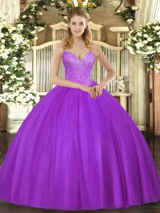 Custom Designed Eggplant Purple Sleeveless Floor Length Beading Lace Up 15th Birthday Dress