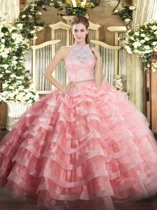 Graceful Watermelon Red Two Pieces Tulle Scoop Sleeveless Lace and Ruffled Layers Floor Length Zipper 15th Birthday Dress