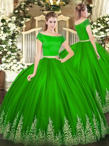 Graceful Green Off The Shoulder Zipper Appliques Quince Ball Gowns Short Sleeves