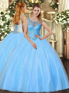 Chic Floor Length Baby Blue Sweet 16 Dress Scoop Sleeveless Lace Up