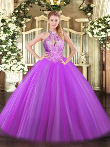 Purple Quinceanera Gowns Military Ball and Sweet 16 and Quinceanera with Sequins Halter Top Sleeveless Lace Up