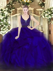 Blue Zipper Quinceanera Gowns Beading and Ruffles Sleeveless Floor Length