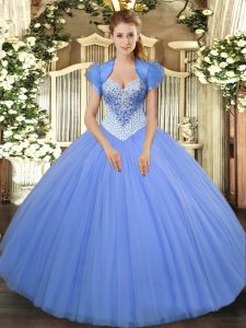 Baby Blue Tulle Lace Up Quinceanera Dresses Sleeveless Floor Length Beading