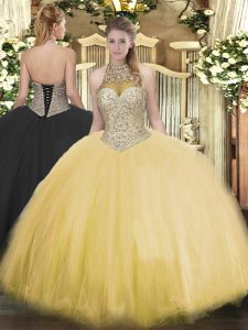 Fancy Halter Top Sleeveless 15 Quinceanera Dress Floor Length Beading Gold Tulle