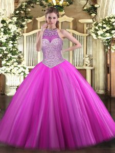 Fuchsia Tulle Lace Up Quinceanera Dresses Sleeveless Floor Length Beading