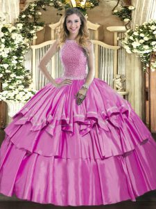 Lilac Organza and Taffeta Lace Up High-neck Sleeveless Floor Length Ball Gown Prom Dress Beading and Ruffled Layers