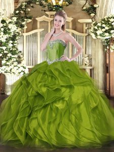Hot Selling Olive Green Lace Up Sweet 16 Quinceanera Dress Beading and Ruffles Sleeveless Floor Length