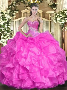 Custom Fit Fuchsia Sleeveless Organza Lace Up 15th Birthday Dress for Military Ball and Sweet 16 and Quinceanera