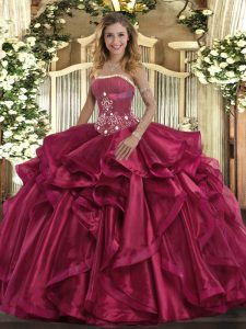 Ball Gowns Sweet 16 Dresses Red Strapless Organza Sleeveless Floor Length Lace Up