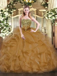 Edgy Beading and Ruffles Ball Gown Prom Dress Brown Lace Up Sleeveless Floor Length