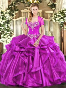 Smart Fuchsia Sweetheart Lace Up Beading and Ruffles 15th Birthday Dress Sleeveless