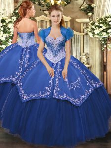 Low Price Blue Satin and Tulle Lace Up Sweetheart Sleeveless Floor Length Sweet 16 Dresses Beading and Embroidery