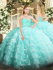 Sweetheart Sleeveless Zipper Quinceanera Gowns Aqua Blue Tulle