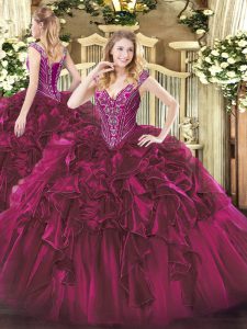 Floor Length Fuchsia Quince Ball Gowns Organza Sleeveless Beading and Ruffles