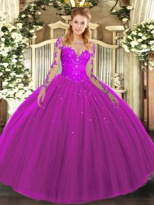 Clearance Fuchsia Ball Gowns Scoop Long Sleeves Tulle Floor Length Lace Up Lace Quinceanera Gowns