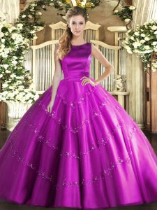 Fuchsia Lace Up Ball Gown Prom Dress Appliques Sleeveless Floor Length
