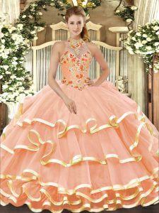Halter Top Sleeveless Quinceanera Gowns Floor Length Beading and Embroidery Peach Organza