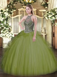 Halter Top Sleeveless Lace Up Quinceanera Dress Olive Green Tulle