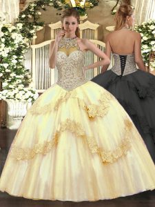 Sleeveless Floor Length Beading and Appliques Lace Up Sweet 16 Dress with Gold