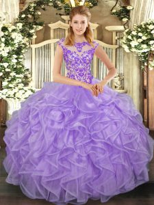 Romantic Lavender Lace Up Scoop Beading and Appliques and Ruffles Quinceanera Dress Organza Cap Sleeves