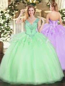 Apple Green Ball Gowns Tulle V-neck Sleeveless Beading Floor Length Lace Up Quinceanera Gowns