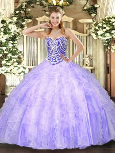 Sumptuous Tulle Sweetheart Sleeveless Lace Up Beading and Ruffles Quinceanera Gown in Lavender