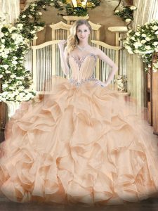 Graceful Sleeveless Floor Length Beading and Ruffles Lace Up Quinceanera Dress with Peach