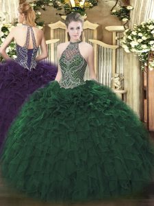 Halter Top Sleeveless Lace Up Vestidos de Quinceanera Dark Green Taffeta