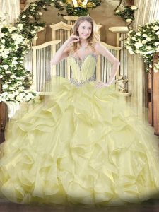 Affordable Beading and Ruffles Sweet 16 Dress Yellow Lace Up Sleeveless Floor Length